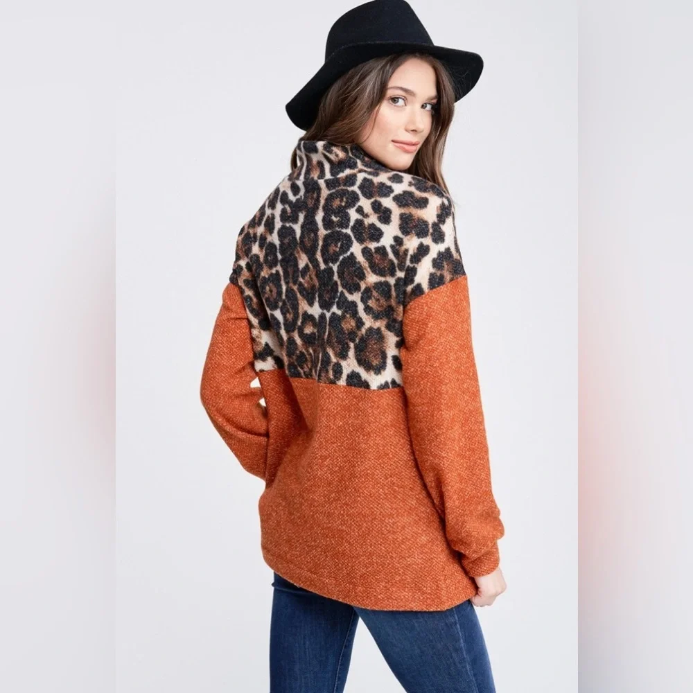 NWT White Birch Long Sleeve Cheetah Print Quarter Zip Pullover Sweater, Rust - Picture 6 of 8